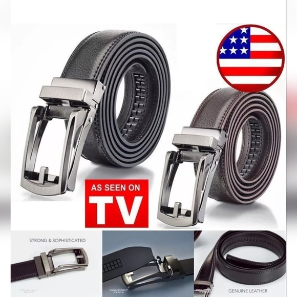 COMFORT CLICKS ADJUSTABLE RACHET STYLE BLACK BELT SILVER BUCKLE MENSWEAR MEN OS - Picture 1 of 16